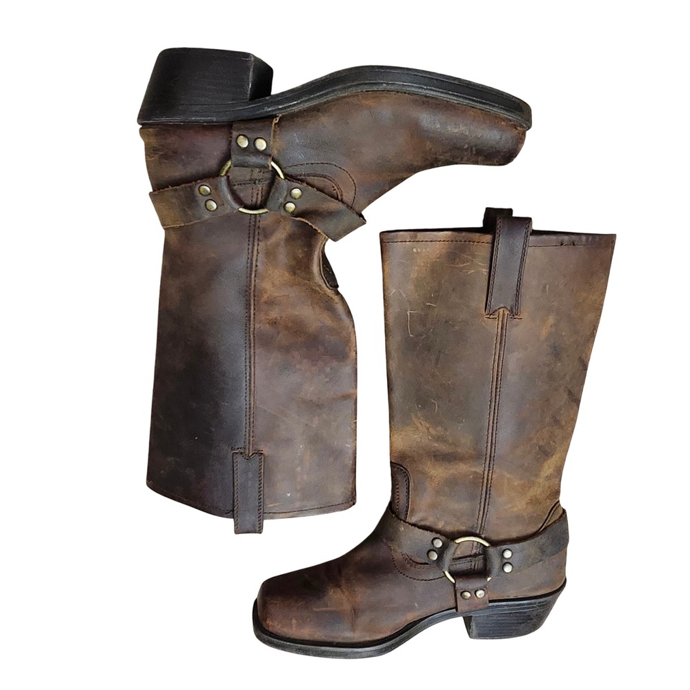 Mossimo Supply Co L 9.5 Brown Leather Harness Biker Boots Square Toe Distressed - Picture 3 of 12